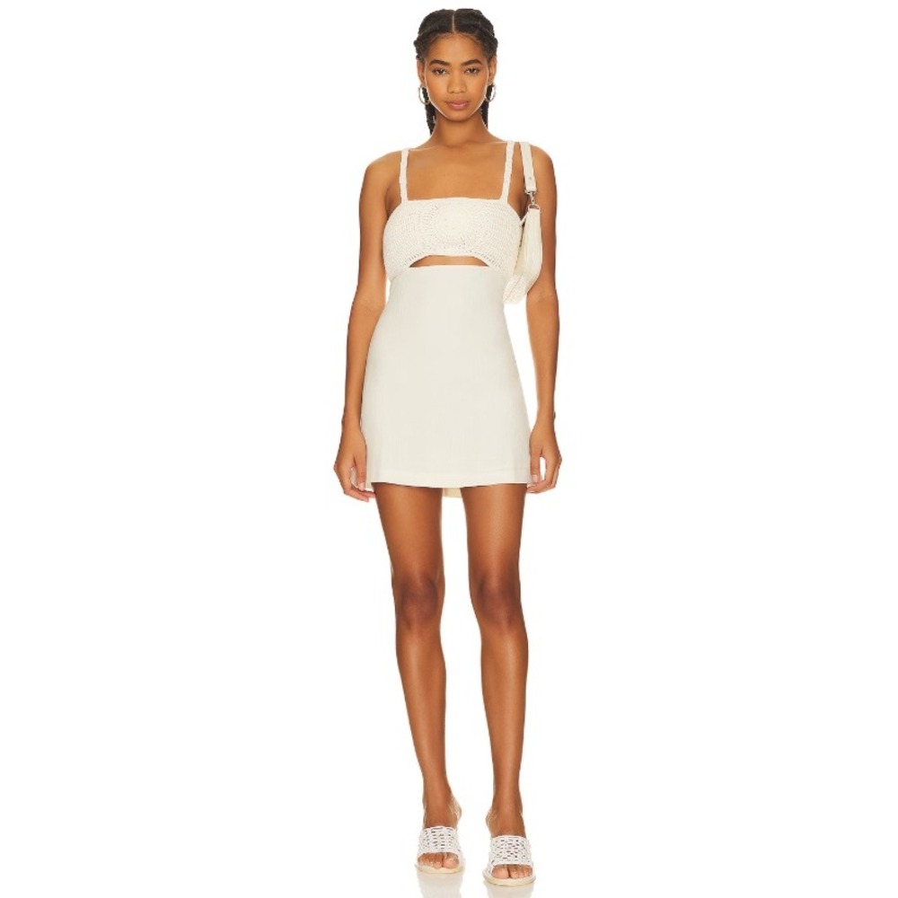L'Academie Lea Dress Linen Crochet Cutout Mini Dress Smock Back Cream White M - Picture 2 of 11